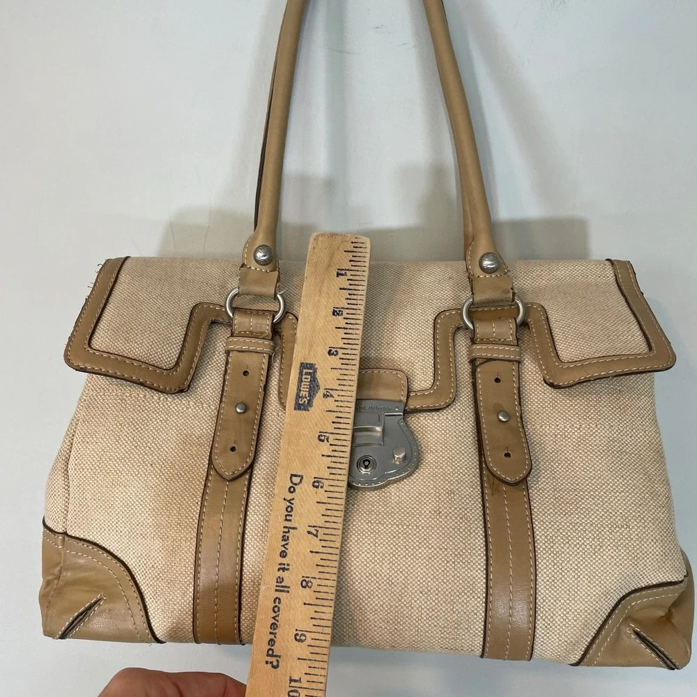 Etienne Aigner Jute Canvas and Leather Satchel Shoulder Bag Tan Beige Doctor Bag
